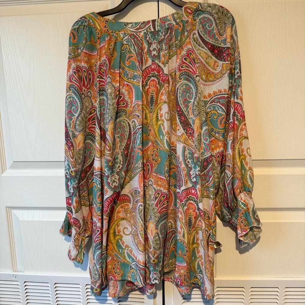 Spense Women Colorful Paisley Flowy Tunic Blouse Size 2X. Crochet neckline. - Picture 2 of 11